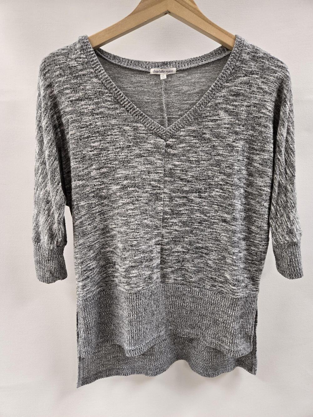 Charlotte Russe Sweater Womens Small Gray V Neck Half Sleeve Ribbed Hem Pullover